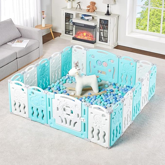 Albott Baby Playpen, 18 Panels Foldable Baby Fence with Game Panel and Safety Gate, Adjustable Shape, Portable Play Yards for Children Toddlers Indoors or Outdoors (White+Blue, 18 Panel)