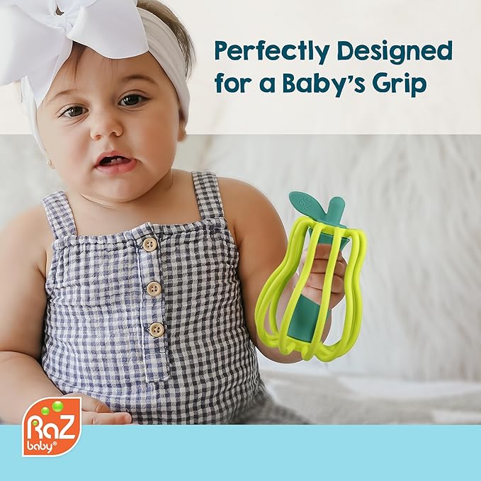 RaZbaby RaZ-Pear Silicone Teether & Rattle Toy – Soft, Flexible & Easy to Hold, Soothing Sounds for Entertainment, Textured for Teething Relief, Nipple-Shaped Stem for Comfort – BPA-Free, 3M+