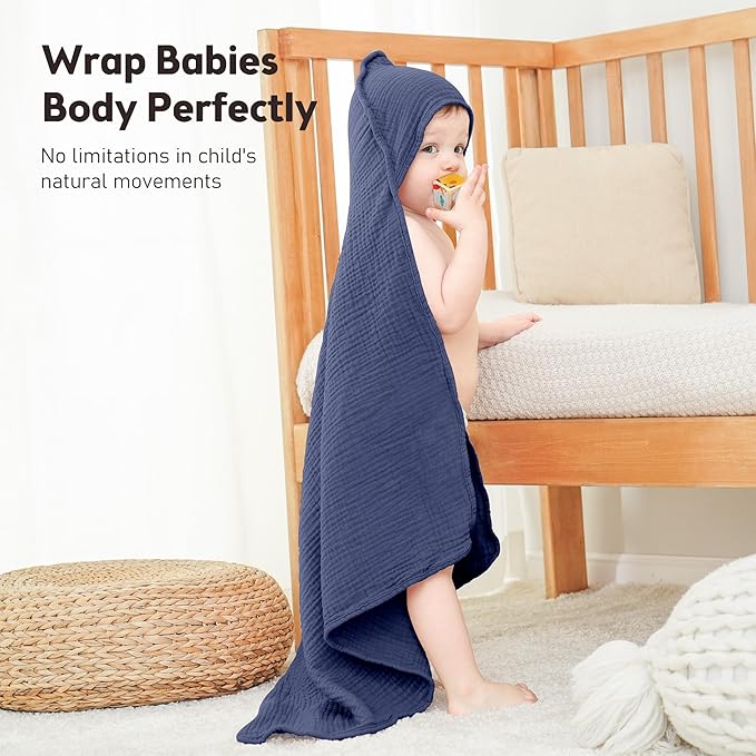 Susurration Hooded Baby Towels for Newborn 2 Pack 100% Muslin Cotton Towel for Babies，Highly Absorbent and Newborn Essential 30x30 Inch Moon&Royal Blue