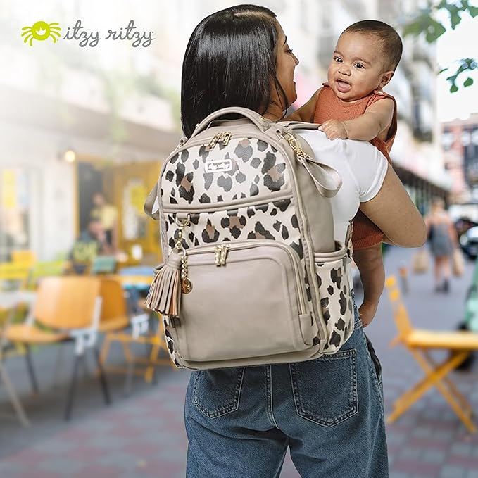 Itzy Ritzy Diaper Bag Backpack – Large Capacity Boss Plus Baby Backpack Diaper Bag Featuring 19 Pockets, Changing Pad, Stroller Clips, and Comfortable Straps (Leopard)