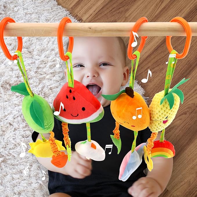 KAKIBLIN Baby Hanging Rattle Toys, 4 Pack Car Seat Stroller Toys Soft Squeaky Toy for Baby Newborn Infant Car Crib Travel Activity with Teether for Boys Girls, Toys for 0 3 6 9 12 Months, Fruits-A