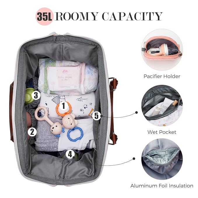 printe Large Diaper Bag Tote with Changing Pad, 2 Organized Pouches, Mom's Bag for Hospital with Pacifier Case, Straps, Stroller Hook, Hospital Weekender Travel Pink Baby Diaper Tote Bag