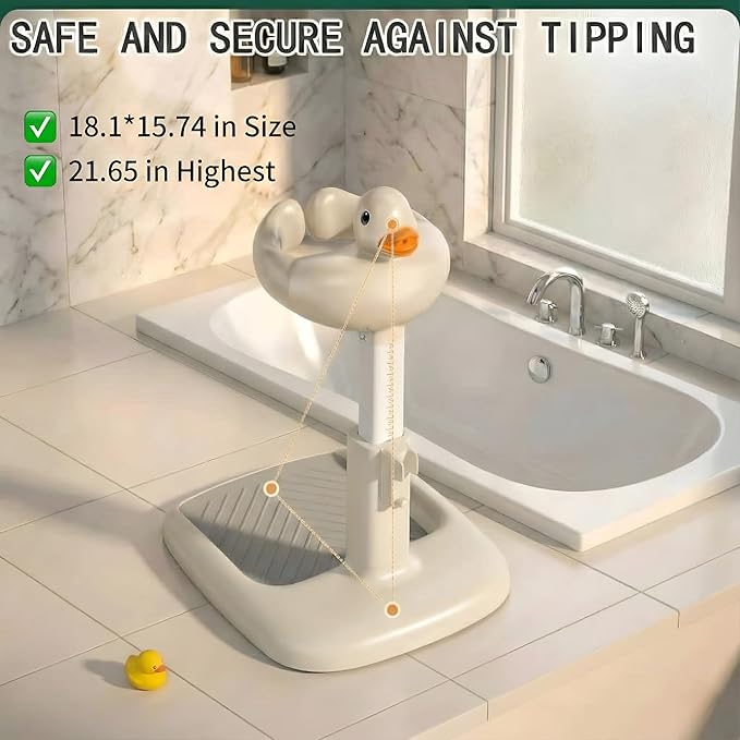 Hamiva Baby Bath Stand with Built-in Seat - Duck Design - Anti-Slip Base - Baby Shower Stand for Sitting or Standing (White Beige)