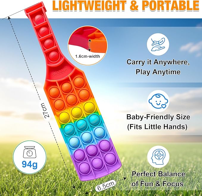 Cricket BAT Push Pop Bubble Fidget Toy – Build Focus | Stress Relief Sensory Toy | 0+ Baby Safe Silicone Fidget Bat with Cricket Ball Seam Texture | Pack of 1 Rainbow / Pack of 3 Colors