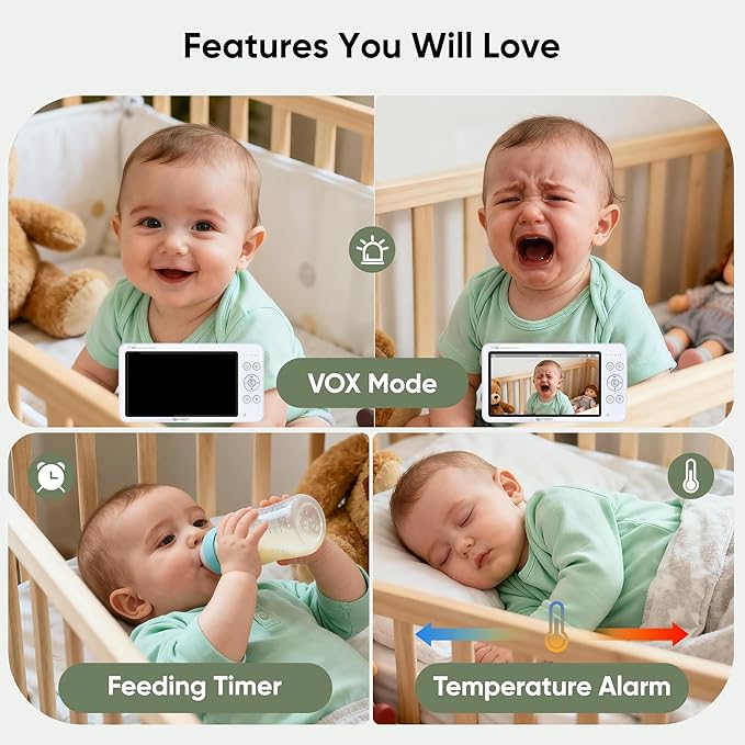 bonoch 7" Baby Monitor No WiFi, Upgraded 1080P HD MegaView Video Monitor with Camera and Audio, 6000mAh Battery, VOX Mode, Night Vision, Hack Proof, Remote PTZ, White Noise, Gifts for Parents