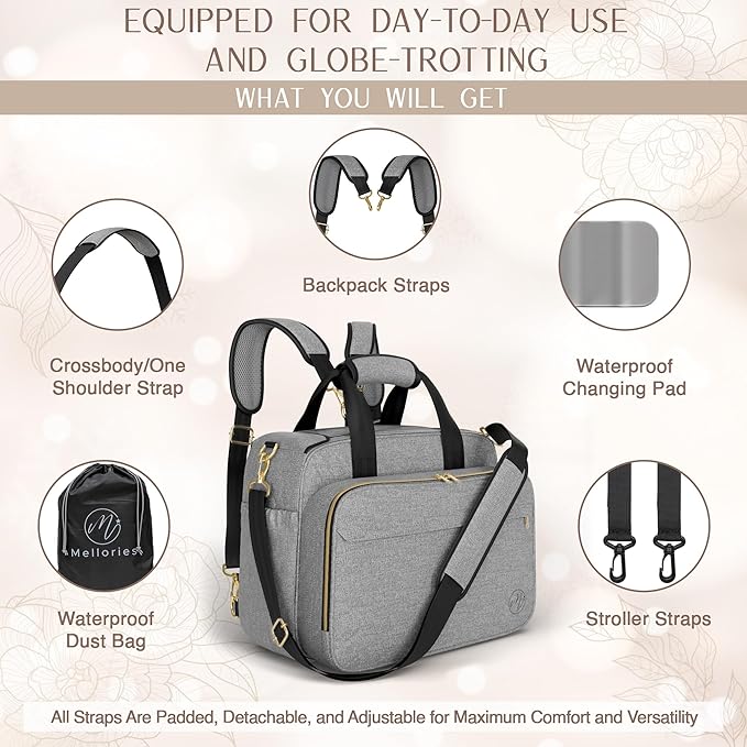 Mellories 4 in 1 Convertible Baby Diaper Bag – Converts from Tote to Backpack, Stroller & Crossbody Diaper Bag – Gray Baby Travel Bag – Gift for Moms
