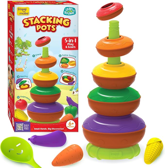 Imagimake Stacking Pots Toys | Leaps & Bounds 6+ Month Old Baby Toy | Learning Toy for Infant & Toddler | 5-in-1 Play & Learn | Stacking, Nesting, Pretend Play | First Birthday Gifts for Girls & Boys