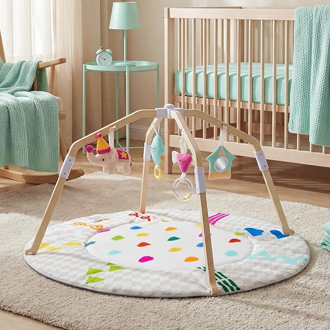 Bella's Friends Circus-Themed Baby Play Gym, 2-Sided High-Contrast Tummy Time Mat with 4 Detachable Sensory Toys, Foldable Wooden Frame Playmat for Stage-Based Development, Baby Essentials Shower Gift