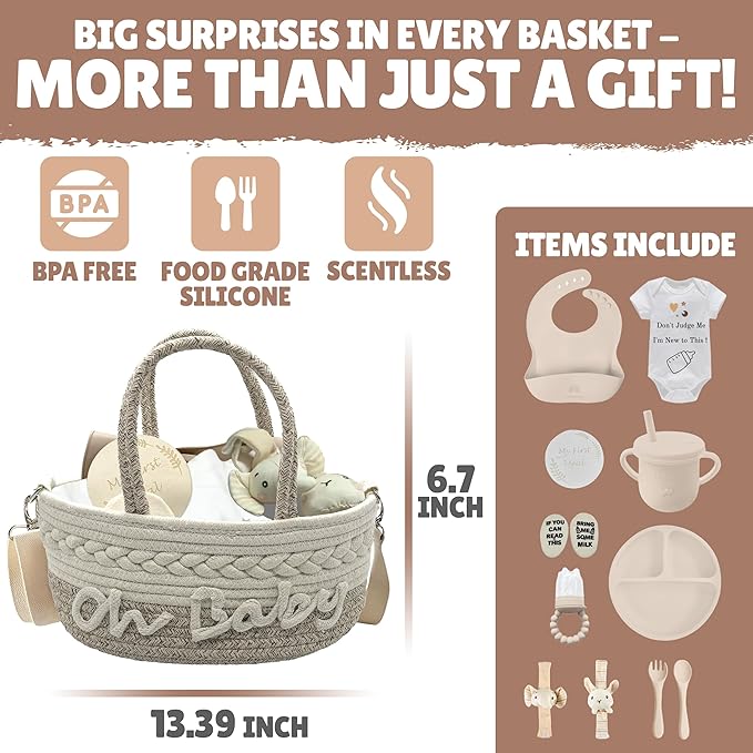 Kiddibodi Baby Gift Set | 11 Piece Gender Neutral Newborn Gift Basket for Boys & Girls – Baby Essentials with Plate, Bib, Spoon, Cup, Feeder, Outfit, Rattles & Storage Bag