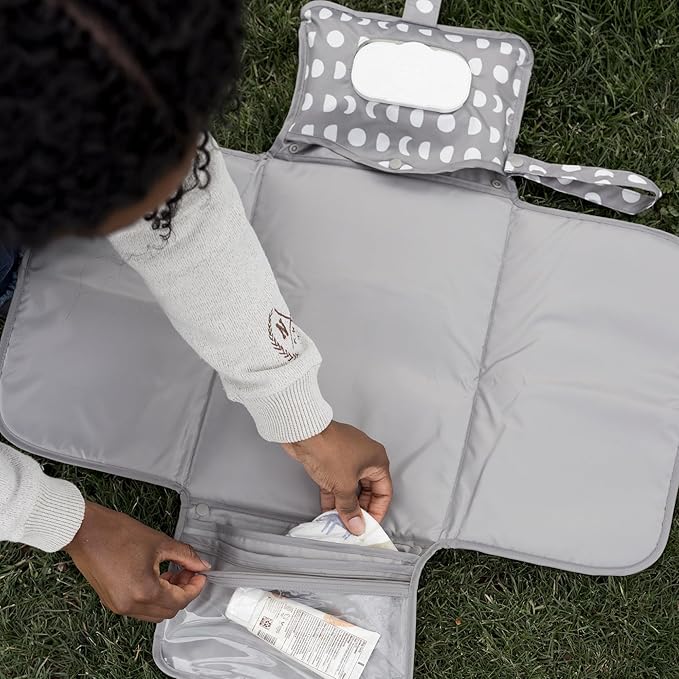 Tiny Twinkle Portable Diaper Changing Pad | Waterproof, Wipeable & Compact Baby Changing Pad for Travel | Smart Wipes Pocket & Organized Storage| Newborn Shower Gift (Luna)