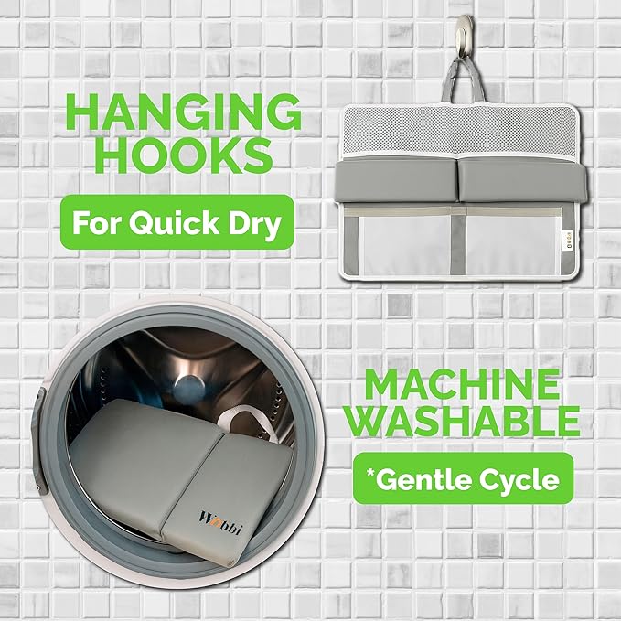 Woobi Baby Bath Kneeler and Elbow Rest Pad Set - 1.5" Thick Memory Foam Knee Pad for Bathing Babies - 6 Suction Cups Non Slip Bath Kneeling pad with Toy Storage - Foldable & Quick Drying-Grey