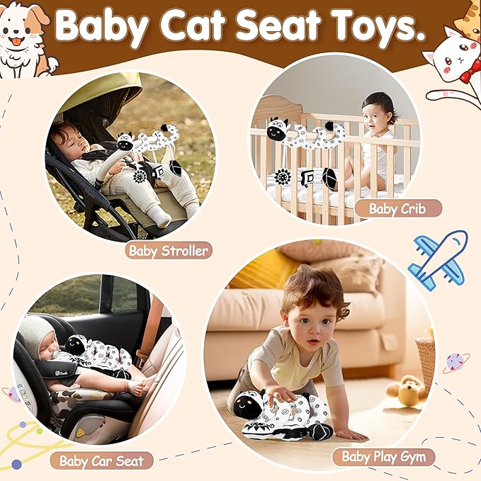Car Seat Toys for Babies 0-6 Months,Hanging Rattle Toys for Crib Mobile, Baby Spiral Hanging Stroller Black and White High Contrast Toys for Newborn 0 3 6 9 12 Months Baby Boys Girls (Cow)
