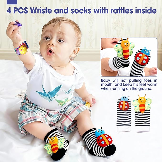 AZEN 16 Pack Baby Rattles Teething Toys 3-6 Months, Baby Toys 0-6 Months, Newborn Infant Toys 6-12 Months, Essentials Must Haves Wrist Socks Toddler Stocking Stuffers Christmas Gifts