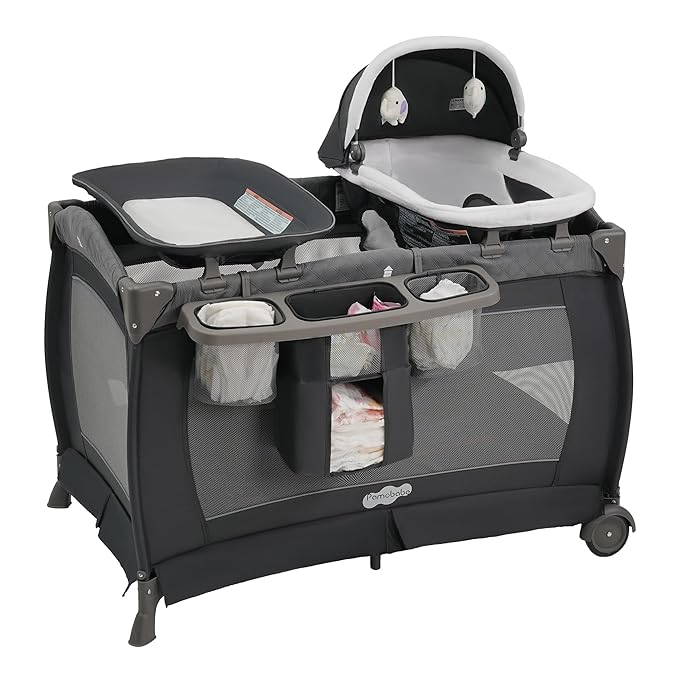 Pamo Babe Playard Portable Playard Foldable Playpen for Baby and Toddler Portable Crib Mattress Diaper Changer for Newborn (Grey)