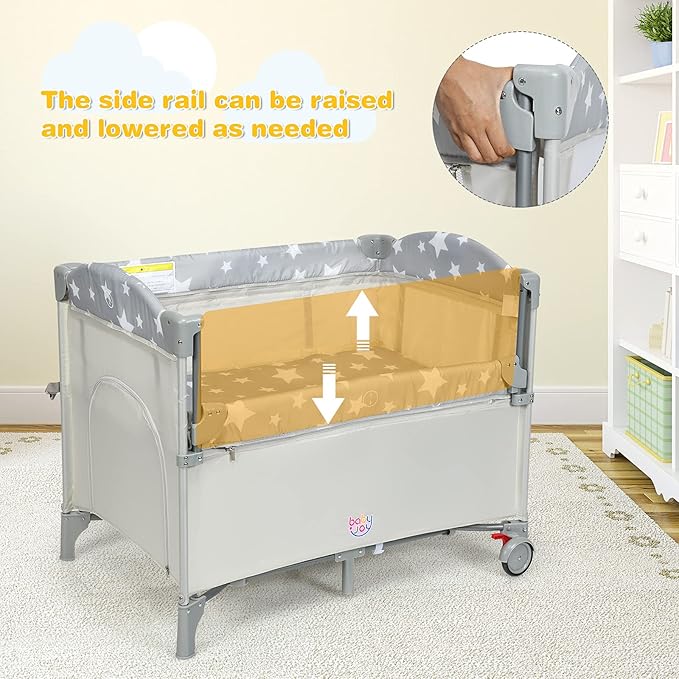 HONEY JOY Pack and Play with Bassinet, 5-in-1 Baby Bedside Sleeper w/Diaper Changing Table & Storage Bag, Toy Arch & Music Box, Detachable Side Rail, Portable Baby Play Yard w/Carry Bag(Beige)