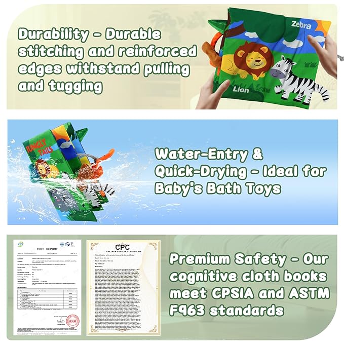 Baby Books Toys 0-12 Months with Teether,Tummy Time Crinkle Sensory Toys,High Contrast Touch & Feel Soft Book, Early Learning Infant Toys,Shower Gift for Boys Girls (Jungle Animal)