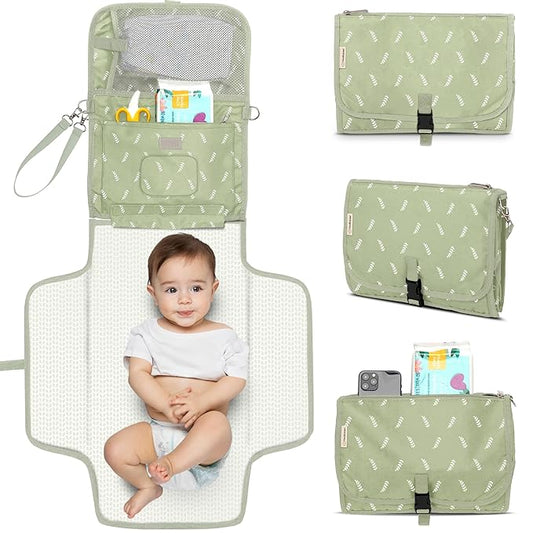 KeaBabies Portable Diaper Changing Pad - Large Waterproof Baby Changing Mat, Compact Travel Diaper Clutch, Functional Pockets Fit Newborn Essentials, Wipeable & Padded Baby Changer (Acacia)