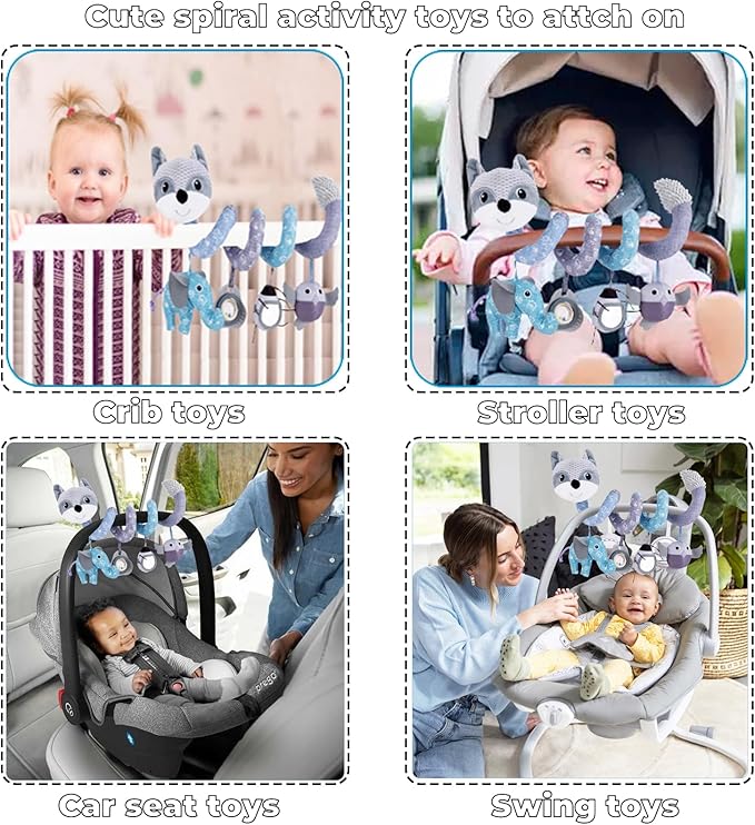 Car Seat Toys, Baby Toy 3-6 Months Carseat Stroller Toys Infant Spiral Activity Toy 0-3 Month, Hanging Car Toys for Babies 0-6 Months Newborn Boys Girls with Music Rattle Squeaker - Gray Fox
