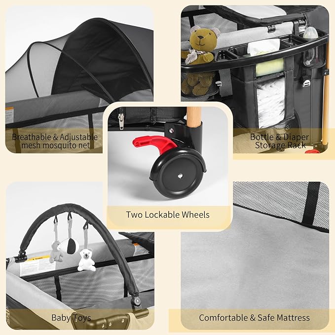 Baby Bassinet 5 in 1 Pack and Play,Baby Crib Adjustable Beside Sleeper One-Second &One-Hand Setup,Portable Playard Foldable Playpen for Newborn,Babies and Toddlers with Changing Table,Mattress (Black)