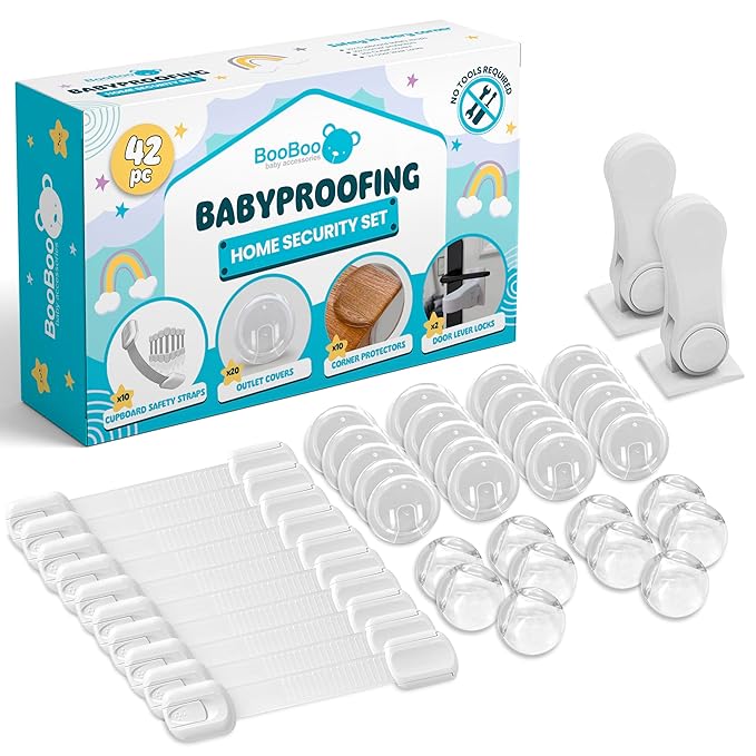 Booboo (42 Pack) Child Safety Baby Proofing Kit | x10 Cabinet Drawer Locks, x10 Corner Guards, x20 Outlet Covers, x2 Door Lever Lock | Baby Proof Your Home & Kitchen with No Trapped Fingers
