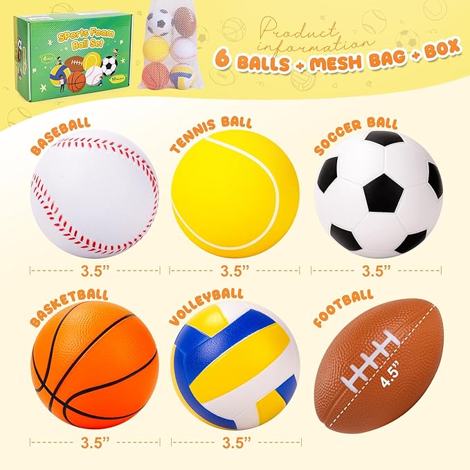 Balls for Toddlers Babies, Soft Baby Toys, 6 Pack 3.5" Foam Balls Kids Sports Set, Small Soccer Basketball Baseball Football Volleyball Tennis, Indoor Outdoor Toys Games Gifts for Boys Girls