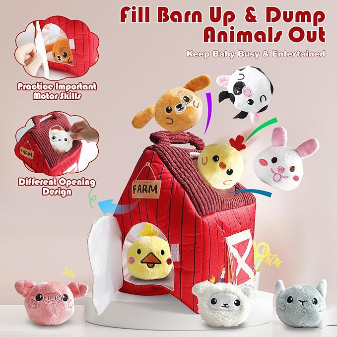 Baby Montessori Toys 6-12 Months, Busy Sensory Toys for Toddlers 1-3, Plush Big Red Barn with Stuffed Farm Animals, Rattle, Crinkle,Christmas Easter Birthday Gifts for Baby Boys Girls