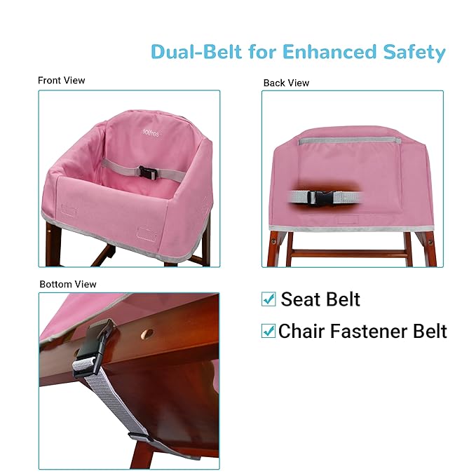 Dual-Belt Baby High Chair Cover, Upgrade Version, for Wooden or Restaurant High Chair, Sturdy and Robust Material, Waterproof Washable Stain and Slip Resistant, Pink