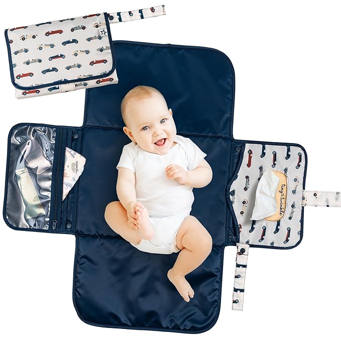 Tiny Twinkle Portable Diaper Changing Pad | Waterproof, Wipeable & Compact Baby Changing Pad for Travel | Smart Wipes Pocket & Organized Storage| Newborn Shower Gift (Vintage Cars)
