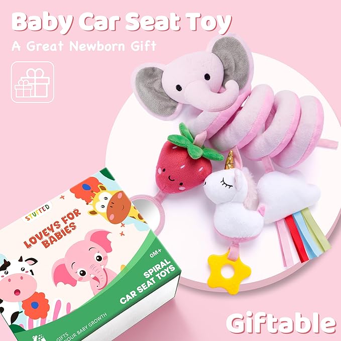 Spiral Car Seat Toys for Baby Girls 0-6 Months, Cute Pink Elephant Strawberry Stuff, Perfect Newborn Shower Gifts for Girls Essentials