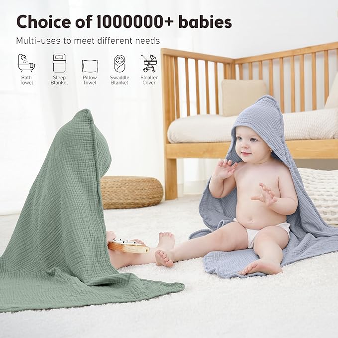 Susurration Hooded Baby Towels for Newborn 2 Pack 100% Muslin Cotton Towel for Babies，Highly Absorbent and Newborn Essential 30x30 Inch Gray&Green