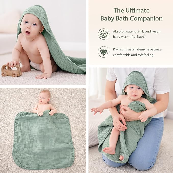 Unnivoll Hooded Baby Towels for Newborn - 2 Pack, 100% Muslin Cotton, Baby Bath Towels with Hood, Soft and Absorbent for Boys, Girls Infant, Toddler and Kids, Large 32x32 Inches, Newborn Essential
