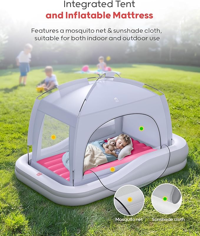 QPAU Inflatable Toddler Travel Bed with Tent, Portable Kids Air Mattress with Safety Sides, Ideal for Home, Grandma's, Camping, Traveling -Includes Fast Electric Pump