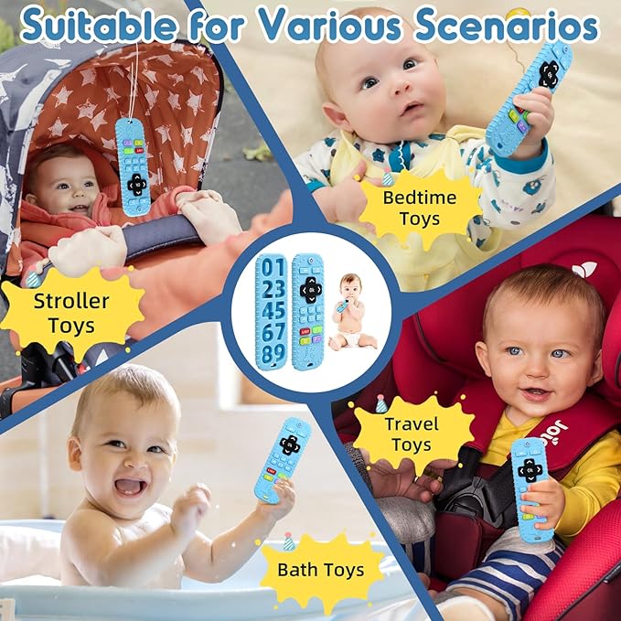 Teething Baby Toys 3-6 Months, Soft Silicone Remote Control Teethers Toys for Babies 6 to 12 Months, Teething Infant Chew Set for Newborn Boys Girls Baby Shower Gifts, Blue