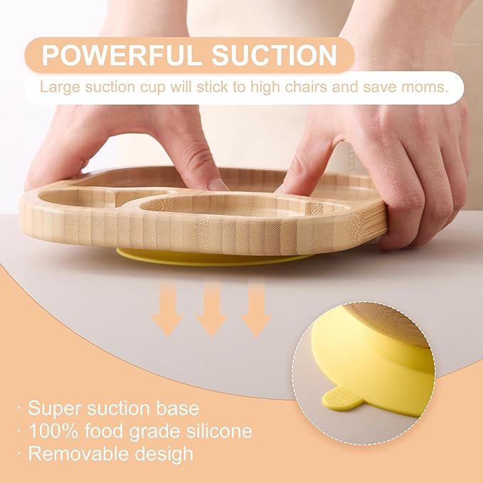 BABY REMEMBER Suction Plates Bowls Set for Baby Toddler Non-Toxic Bamboo Feeding Set with Silicone Fork & Spoon (Yellow Feeding Set)