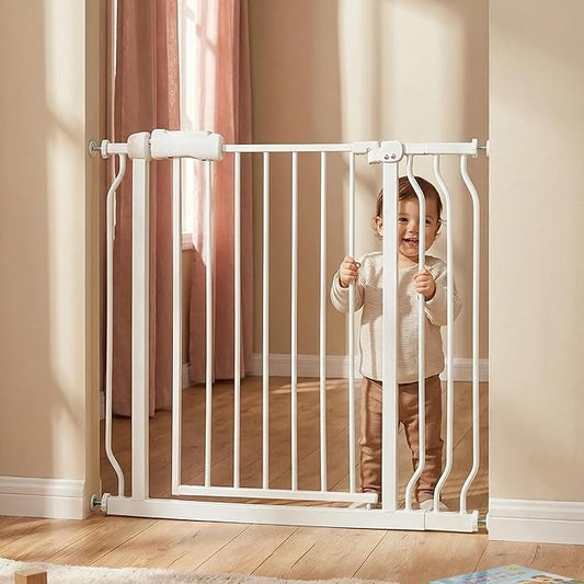 Vothco Walk Through Baby & Dog Gate 29-38.5 Inch, Pressure Mounted No Drilling, Adjustable Indoor Safety Gate for Stairs & Doorways - Metal Design for Kids and Pets, White
