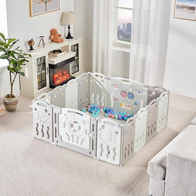 Albott Baby Playpen, Upgraded 14 Panels Foldable Baby Fence with Game Panel and Safety Gate, Adjustable Shape, Portable Play Yards for Children Toddlers Indoors or Outdoors (White+Grey,14 Panel)