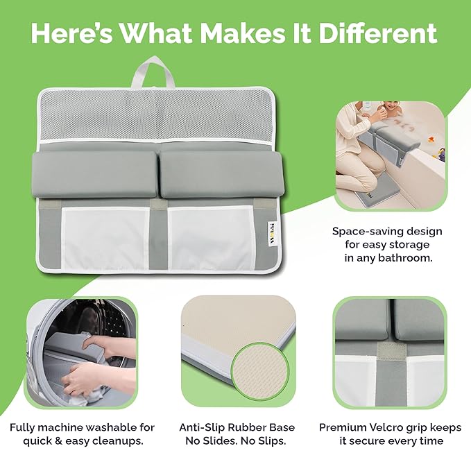 Woobi Baby Bath Kneeler and Elbow Rest Pad Set - 1.5" Thick Memory Foam Knee Pad for Bathing Babies - 6 Suction Cups Non Slip Bath Kneeling pad with Toy Storage - Foldable & Quick Drying-Grey