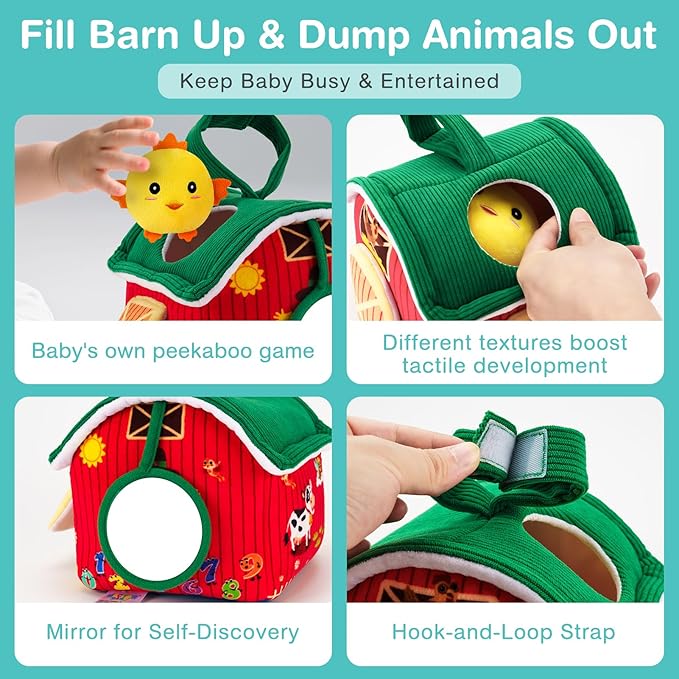 Baby Toys 6-12 Months, Barn Toy with Stuffed Farm Animals - Rattle, Crinkle Paper, Montessori Toys for 1 Year Old, Sensory Toy for Toddlers 1-3 Birthday Gifts Infant Christmas Stocking Stuffers