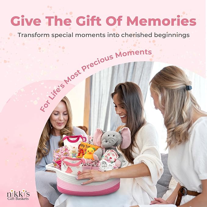 Bundle of Joy Deluxe New Baby Gift Basket | Newborn Baby Girl Gift Set with Baby Essentials | Baby Gift Basket for Expecting Moms | Baby Layette Set | Pink Baby Gift Set | Nikki's Gift Baskets