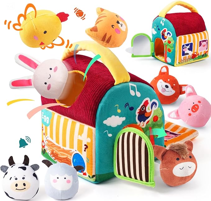 Baby Toys 6-12 Months - Soft Barn with Stuffed Farm Animals, Sensory Balls, Crinkle Paper & Mirror - Montessori Toys for Toddlers 1-3, 1 Year Old Boy Girl Gifts
