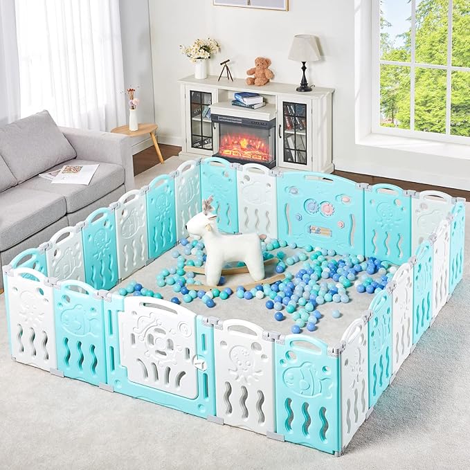 Albott Baby Playpen, 22 Panels Foldable Baby Fence with Game Panel and Safety Gate, Adjustable Shape, Portable Play Yards for Children Toddlers Indoors or Outdoors (White+Blue, 22 Panel)