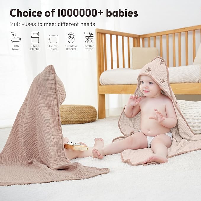 Susurration Hooded Baby Towels for Newborn 2 Pack 100% Muslin Cotton Towel for Babies，Highly Absorbent and Newborn Essential 30x30 Inch Pink Star&Sand