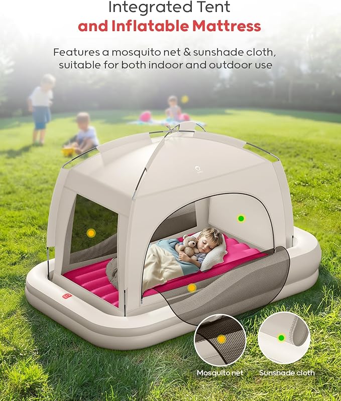 QPAU Inflatable Toddler Travel Bed with Tent, Portable Kids Air Mattress with Safety Sides, Ideal for Home, Grandma's, Camping, Traveling -Includes Fast Electric Pump