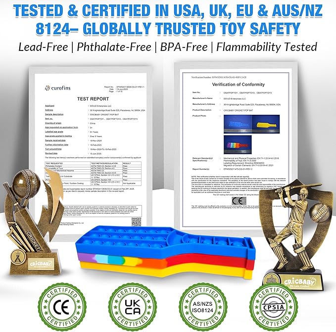 Cricket BAT Push Pop Bubble Fidget Toy – Build Focus | Stress Relief Sensory Toy | 0+ Baby Safe Silicone Fidget Bat with Cricket Ball Seam Texture | Pack of 1 Rainbow / Pack of 3 Colors