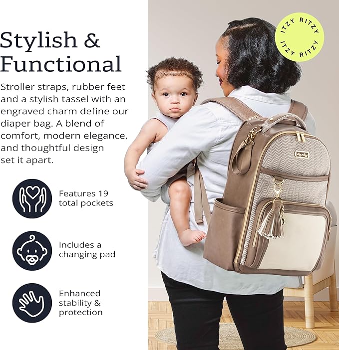 Itzy Ritzy Diaper Bag Backpack – Large Capacity Boss Plus Baby Backpack Diaper Bag Featuring 19 Pockets, Changing Pad, Stroller Clips, and Comfortable Straps (Vanilla Latte)