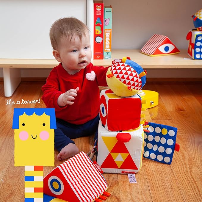 The Baby Bauhaus Set, Jumbo Soft Baby Blocks with Rattle Ball and Mirror from Follies, 0 to 18 Months, Newborn Gift, Award Winning Montessori Developmental Sensory Toys