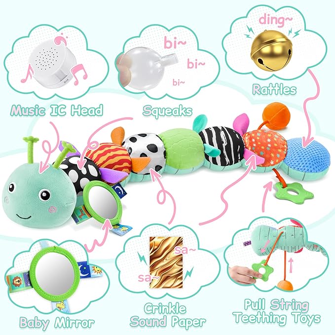 Baby Toys Sensory Musical Animal Stuffed Toy for Infant 0-3-6-12 Months Tummy Time Newborn, Plush Caterpillar with Mirror,Crinkle,Rattle Teething Toys for Baby Boys Girls Shower Gifts, Blue