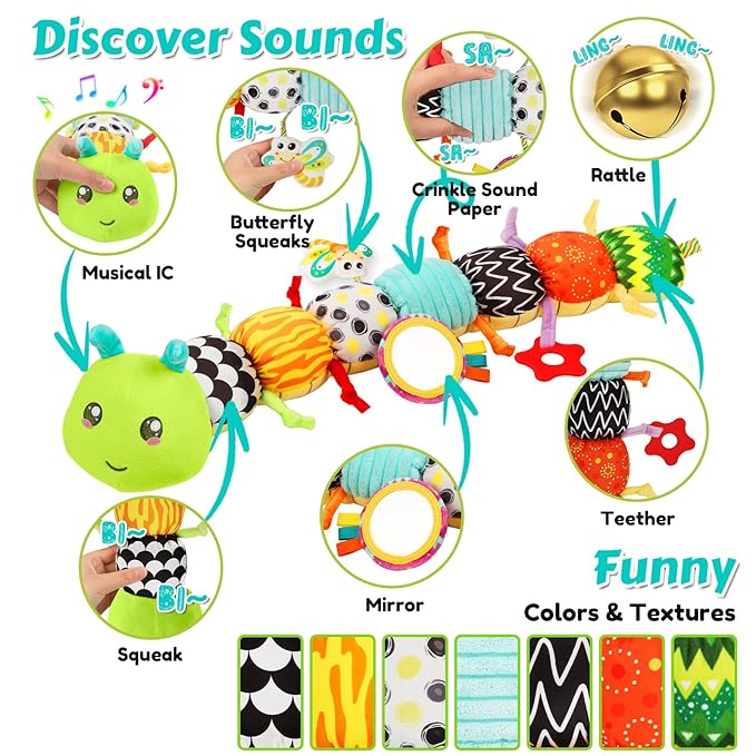 Baby Sensory Toys for 0-6 6-12 Months, Musical Stuffed Caterpillar Toy with Crinkle Rattle Mirror, Baby Essentials Infant Tummy Time Toys for 3 6 9 12 18 Months, Newborn Boys Girls Shower Gifts