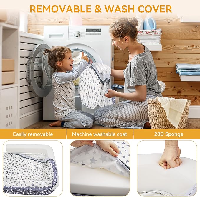 Toddler Travel Bed,Foldable & Portable Baby Cot,Three-in-one Design Little Sofa,Play Mat,Floor Bed for Kids,Oxford Fabric with Star Print,Lightweight&Easy Carry 60"x30"x7.9" (Sleeping Lounging Play)