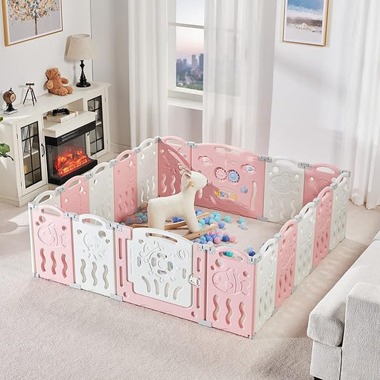 Albott Baby Playpen, 18 Panels Upgraded Portable Foldable Baby Fence with Game Panel and Safety Gate, Adjustable Shape, Ideal for Children Toddlers Indoors or Outdoors (White+Pink, 18 Panel)